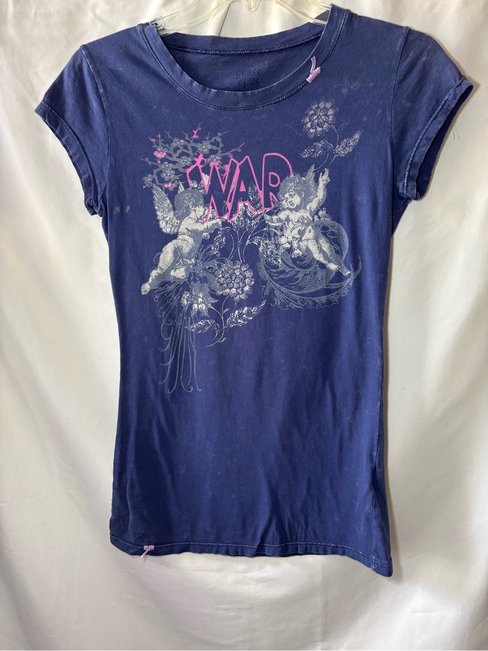 VTG Peace of Us War What Is It Good For Cherub Graphic Tee Blue, Small